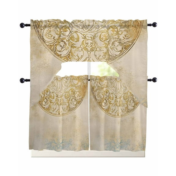 Golden Floral Kitchen Curtains Swag Valance and Tier Curtains Set 36 Inch Length, Vintage Smear Abstract Art Rod Pocket Drape Panels Pair Swag Curtain for Bathroom/Cafe/Window