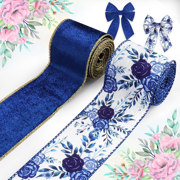 Hying 2 Rolls Christmas Flowers Ribbons for Wreath Bows,2.5"×10 Yds Blue Velvet Wired Edge Ribbon