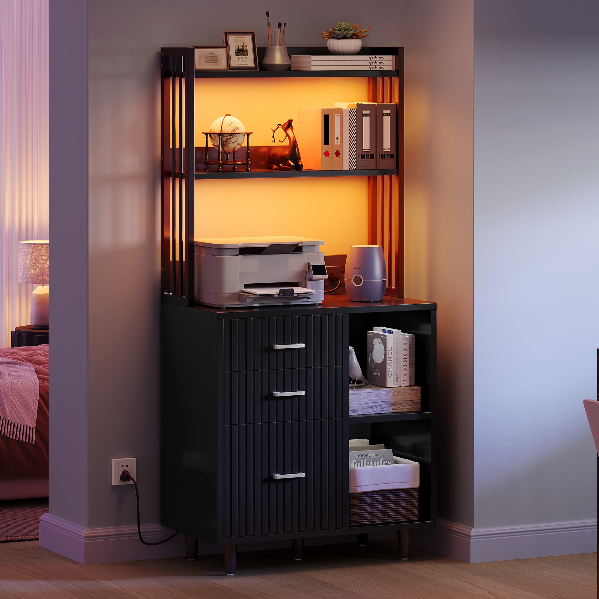 Uforic File Cabinet with 3 Drawer & Open Storage Shelves, Wood File Cabinet with LED Light & Charging Station, Tall Office cabinet with 3 Shelves, Printer Stand for Home Office, Black