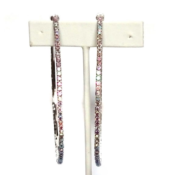 Large Clip-on Earrings Rhinestone ABS Iridescent Crystal Hoop Earrings 3 Inch Hoops