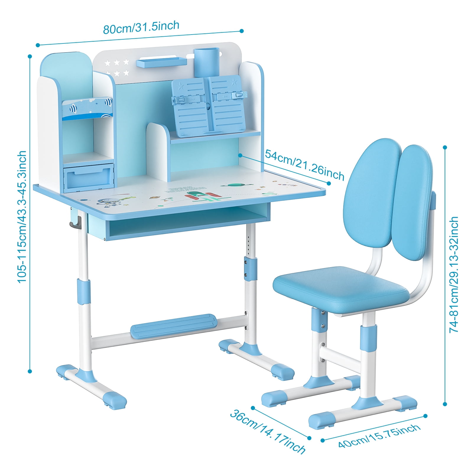 Aqyh Kids Desk and Chair Set, Height Adjustable Children School Study Table with Pen Holder, Reader, Drawer, Foot Pedal and Hook for Boys Girls (Blue)
