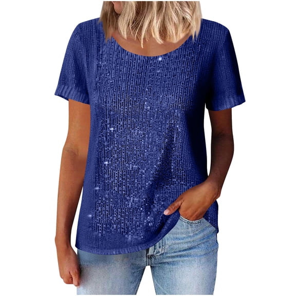 QSAWXQZ Women's Sequin Blouse Short Sleeve Crewneck Solid Pullover Lounge Top for Party Blue L