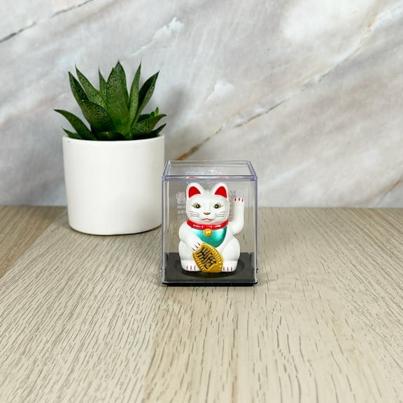 Maneki Neko Lucky Cat Display Figure, Solar Powered, White with Clear Case,  2.5 inches height