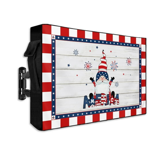 Gnomes Five-pointed Star Outdoor TV Cover 40 to 43 Inch Waterproof, Retro Wooden Stripes Buffalo Red White Lace 600D Oxford TV Covers with Zipper, Outside Flat TV Screen Protector 40"Wx25"Hx4.5"D
