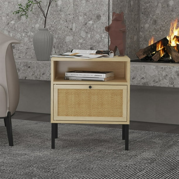 Hommoo Bedroom Rattan Nightstand End Table Wood Finish Accent Cabinet With Storage Com Hommoo Bedroom Rattan Nightstand End, Rattan Side Table With Storage