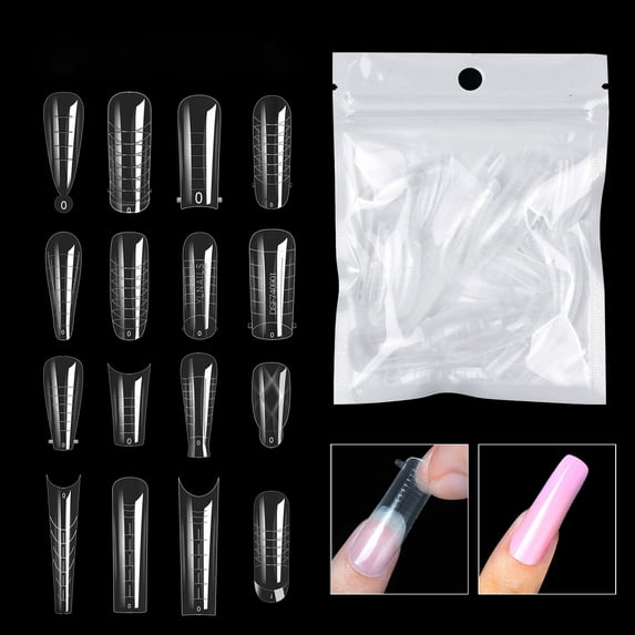 opvise 60Pcs Fake Nails Quick Building Removable Harmless Allergy Free Ultra-Thin Extend Nail Plastic Transparent Nail Mold Tips Manicure Designs for Nail Salon