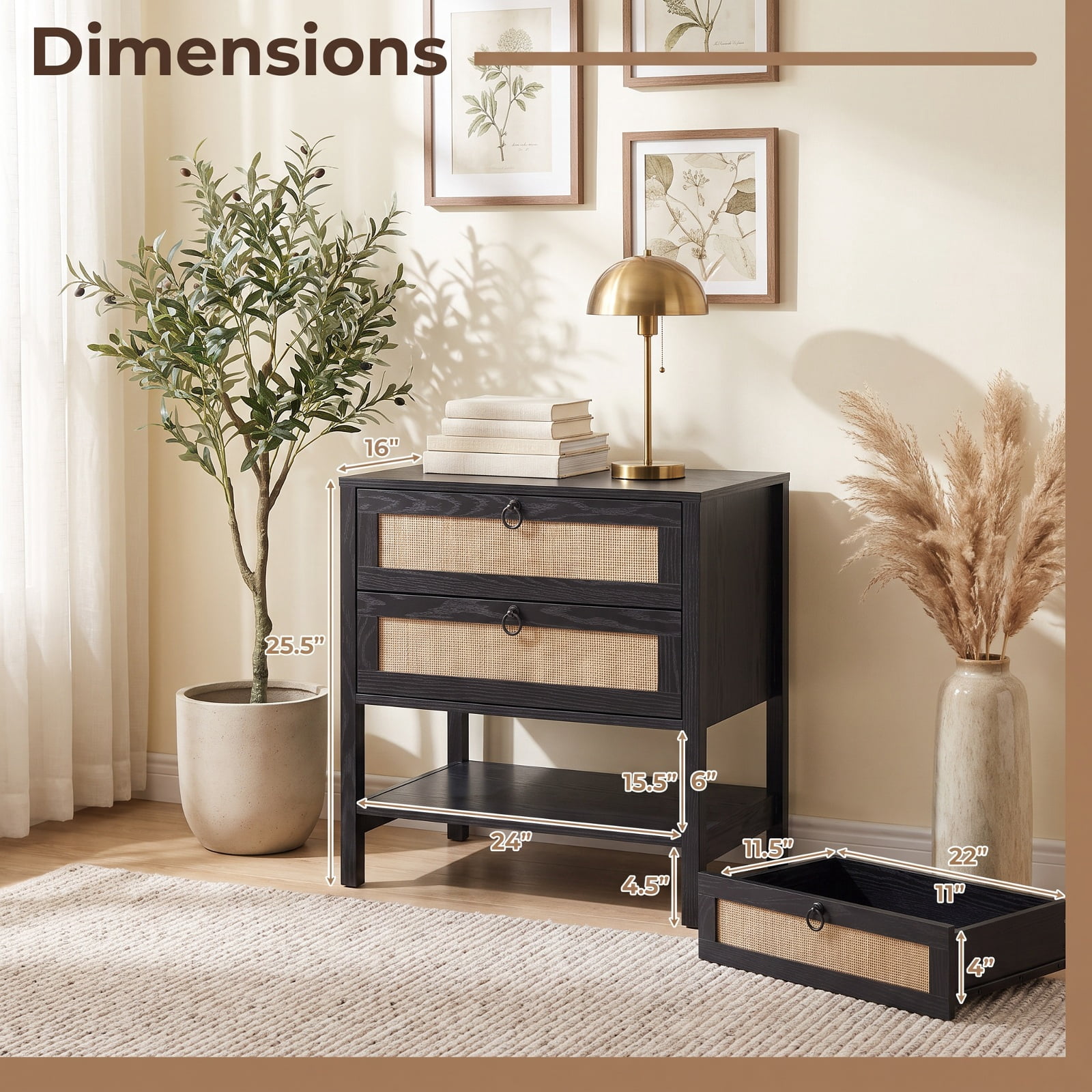 Furnibear Boho Rattan Nightstand with 2 Drawers and Bottom Open Shelf for Bedroom Living Room Bedside Sofa Side Small Space, Black