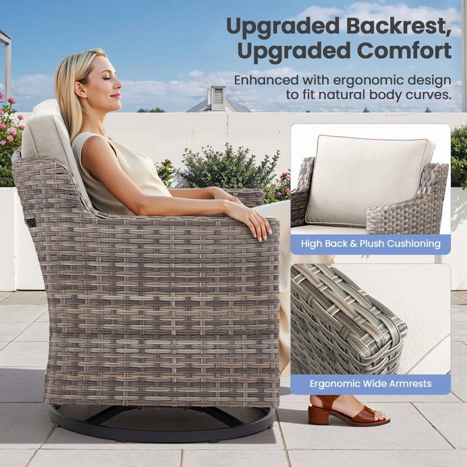PARKWELL 4 Piece Outdoor Patio Furniture Set with Fire Pit Table,All-Weather Conversation Set with Luxury 4-Inch Thick Cushions,Swivel Glider Chair,5-Seat Furniture Sets for Deck, Backyard,Gray/Beige