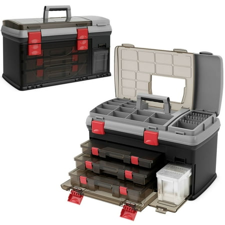 LYYHTY 5-Layer Fishing Tackle Box with Top Storage 3 Removable Utility Boxes & Adjustable Dividers Portable Tackle Organizer with Secure Latches for Fishing Gear Lures & Accessories (Gray/Red)