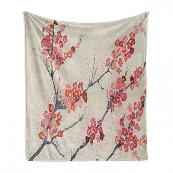Floral Soft Flannel Fleece Throw Blanket, Cherry Blossoms Sakura Eastern Old Style Painting Print Vintage Theme, Cozy Plush for Indoor and Outdoor Use, 70" x 90", Pink Beige Grey, by Ambesonne