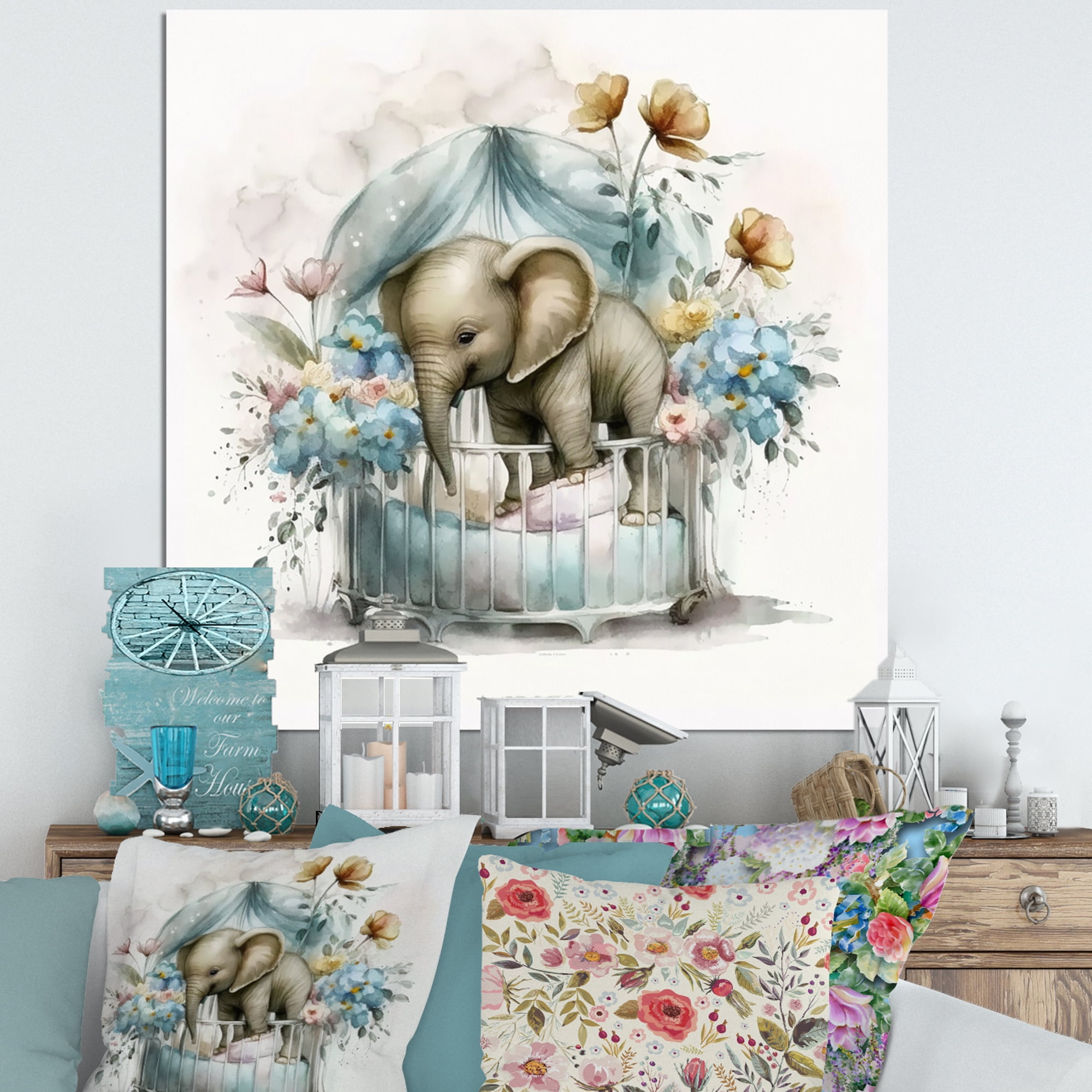 Designart Baby Elephant In Crib With Flowers II Canvas Wall Art