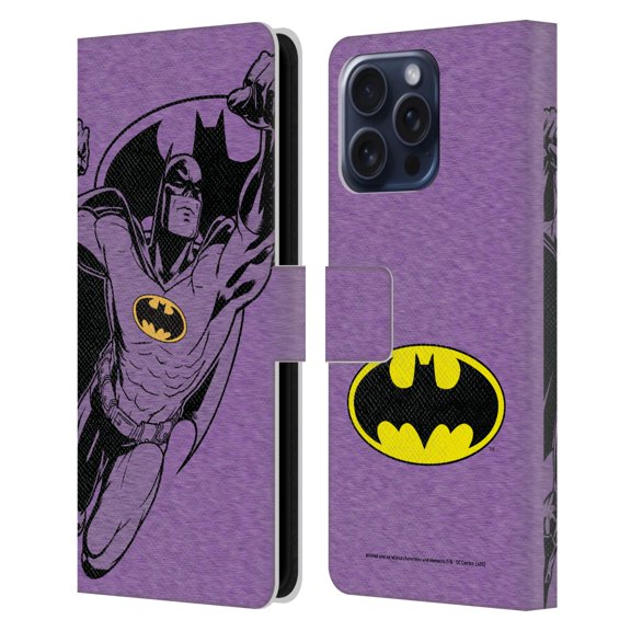 Head Case Designs Officially Licensed Batman DC Comics Logos Purple Leather Book Wallet Case Cover Compatible with Apple iPhone 16 Pro Max