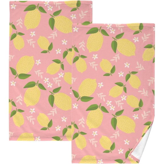 Coolnut 16x28 Inch Face Hand Towel Set Summer Fresh Lemon Pattern Cotton Washcloths, Quick-Dry Highly Absorbent Bath Towels 2 Pcs for Bathroom Ktichen Travel SPA Gym