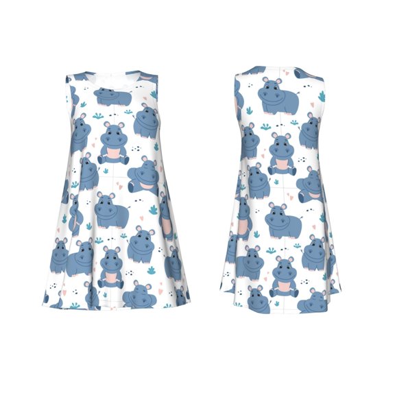 Horeoi Cute Hippos Print Women's Sleeveless Dress Cotton-like Flared Hem Deep Side Pockets Above-Knee