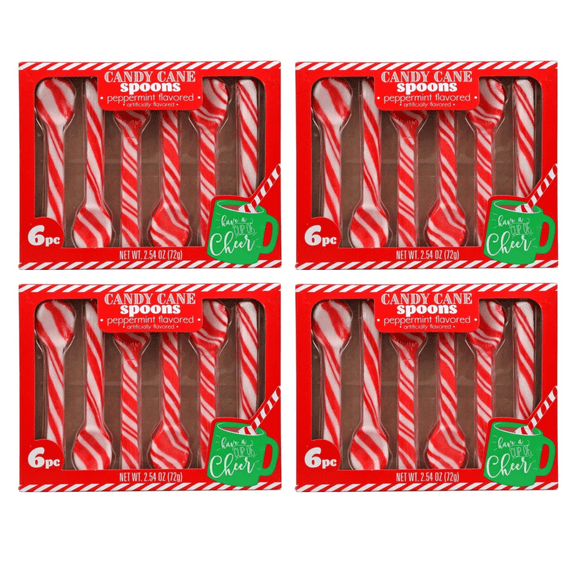 Candy Cane Edible Spoons Peppermint Flavored Candy Hard Candies for Hot Chocolate or Coffee, Sweet Table Decor Christmas Holiday Stocking Stuffer & Party Favors 6-ct. Packs Set of 4 (24 Spoons Total)