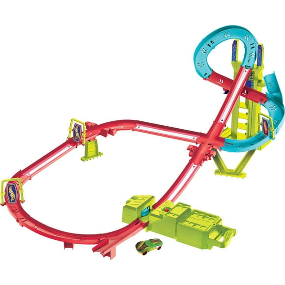 Hot Wheels Track Set, Neon Speeders Skyscraper Speed Circuit with 1 Hot Wheels Car