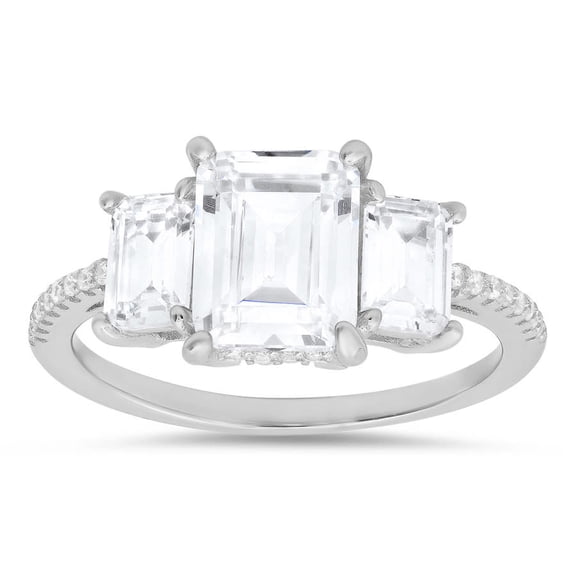 925 Sterling Silver 3-Stone Emerald-cut Diamond Cubic Zirconia Ring | Engagement Ring, Wedding Rings for Women