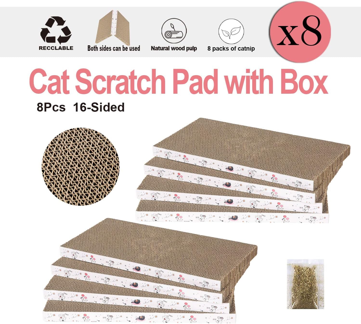 THBN 8 Packs in 1 Cat Scratch Pad, Cat Scratcher Cardboard,Reversible,Durable Recyclable Cardboard, Premium Scratch, Suitable for Cats to Rest, Grind Claws and Play