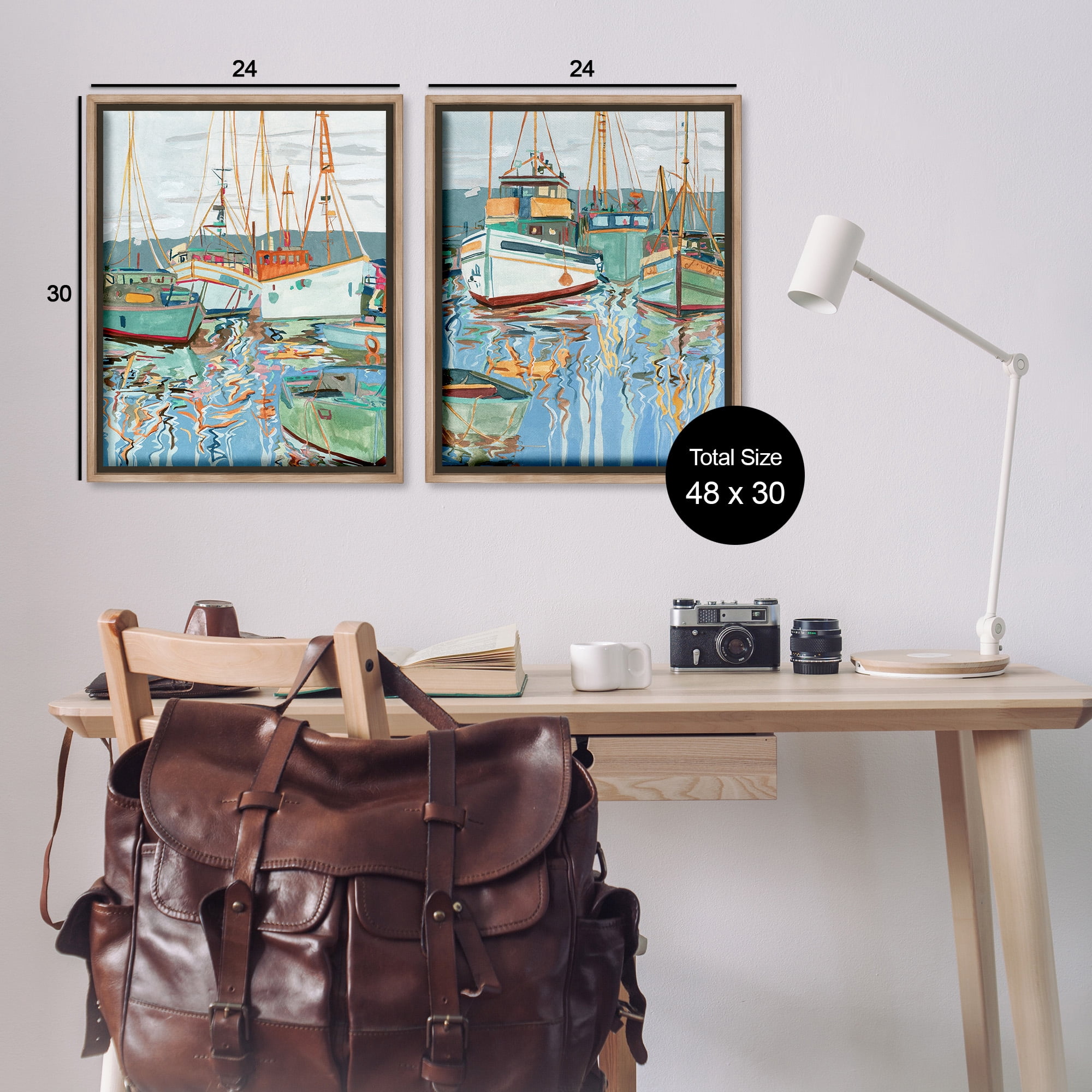 Stupell Industries Marina Ships Reflection Transportation Painting Brown Floater Framed Canvas Art Print Wall Art, 25 x 31, Set of 2