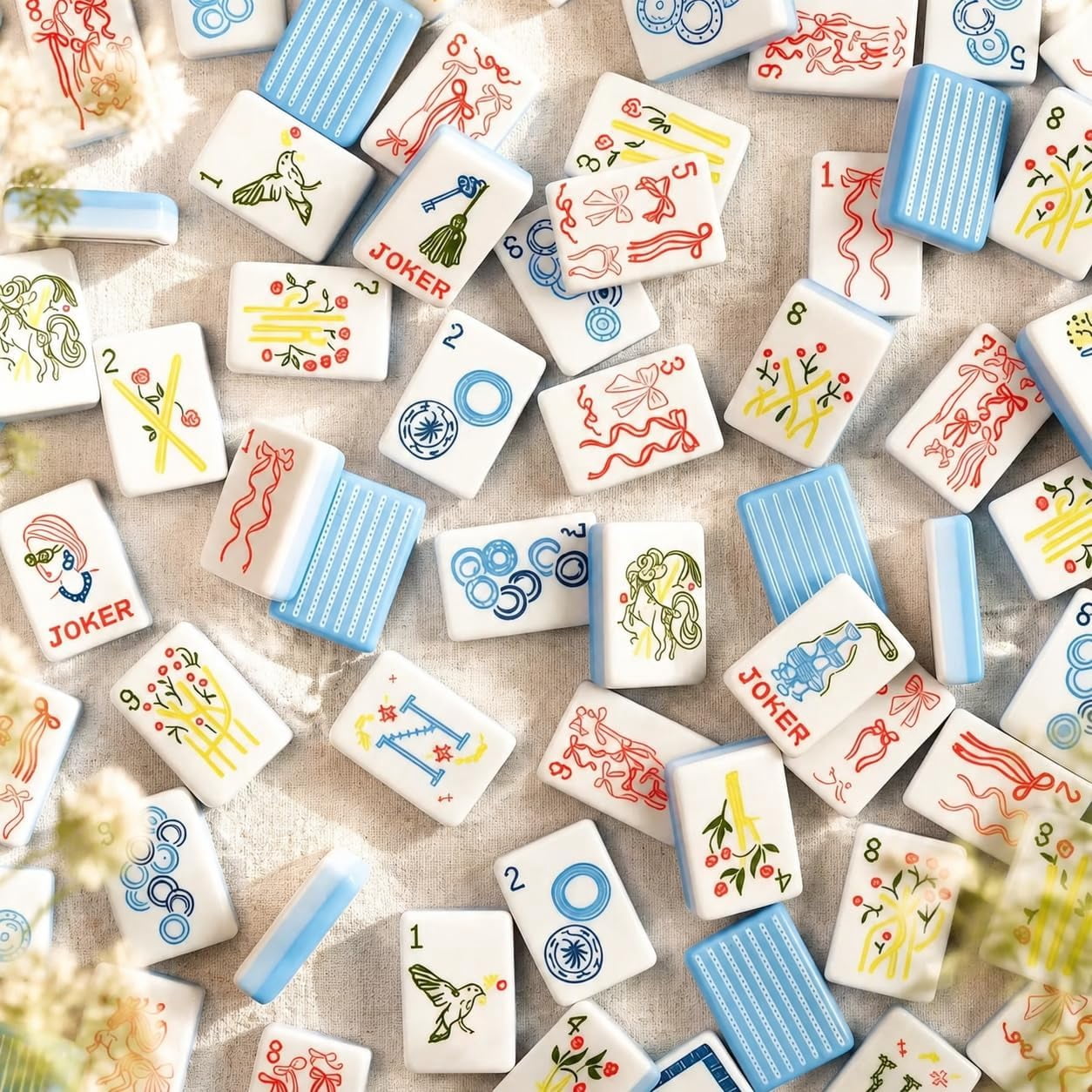 Blue & White Floral American Mahjong Set, 160 Acrylic Tiles, Travel Game Set with Bag