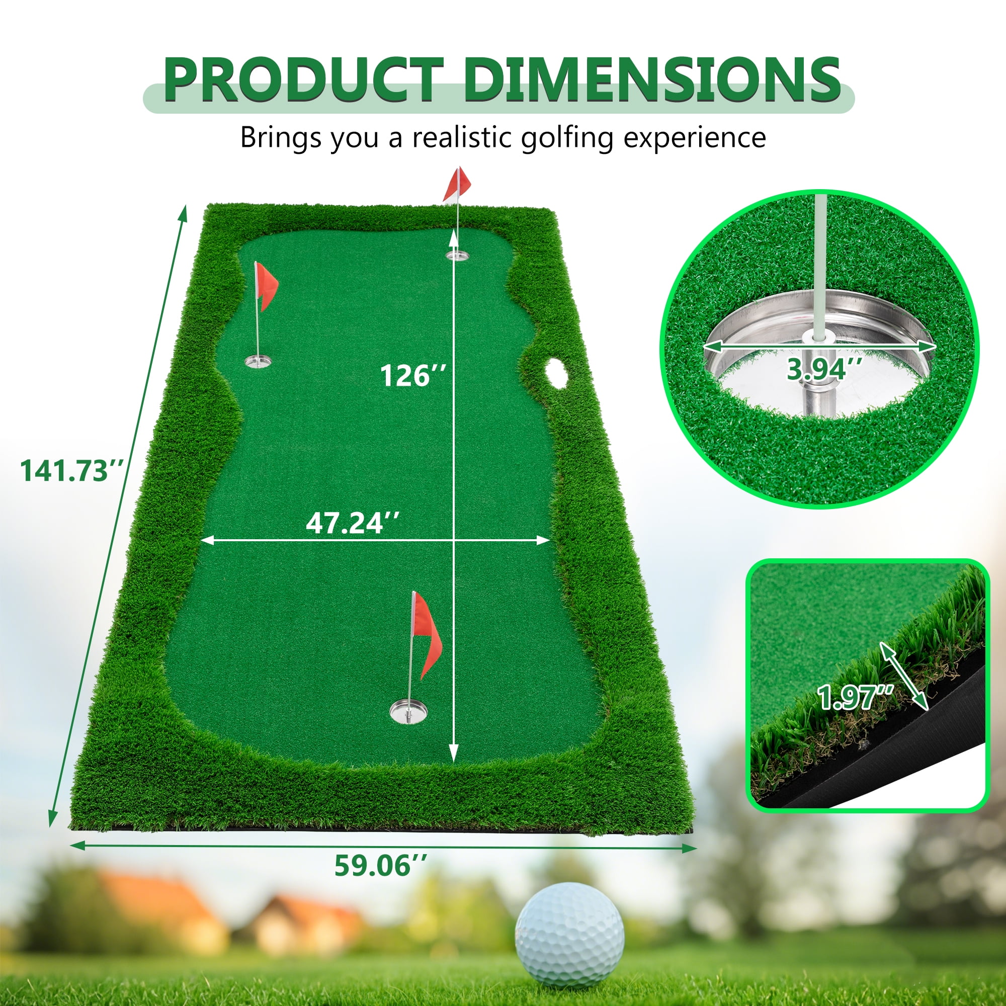 Aukfa 12 x 5 FT Golf Putting Green Indoor Outdoor ProfessionalPractice Putting Green Mat, 3 Holes, 3 Flags and Cups