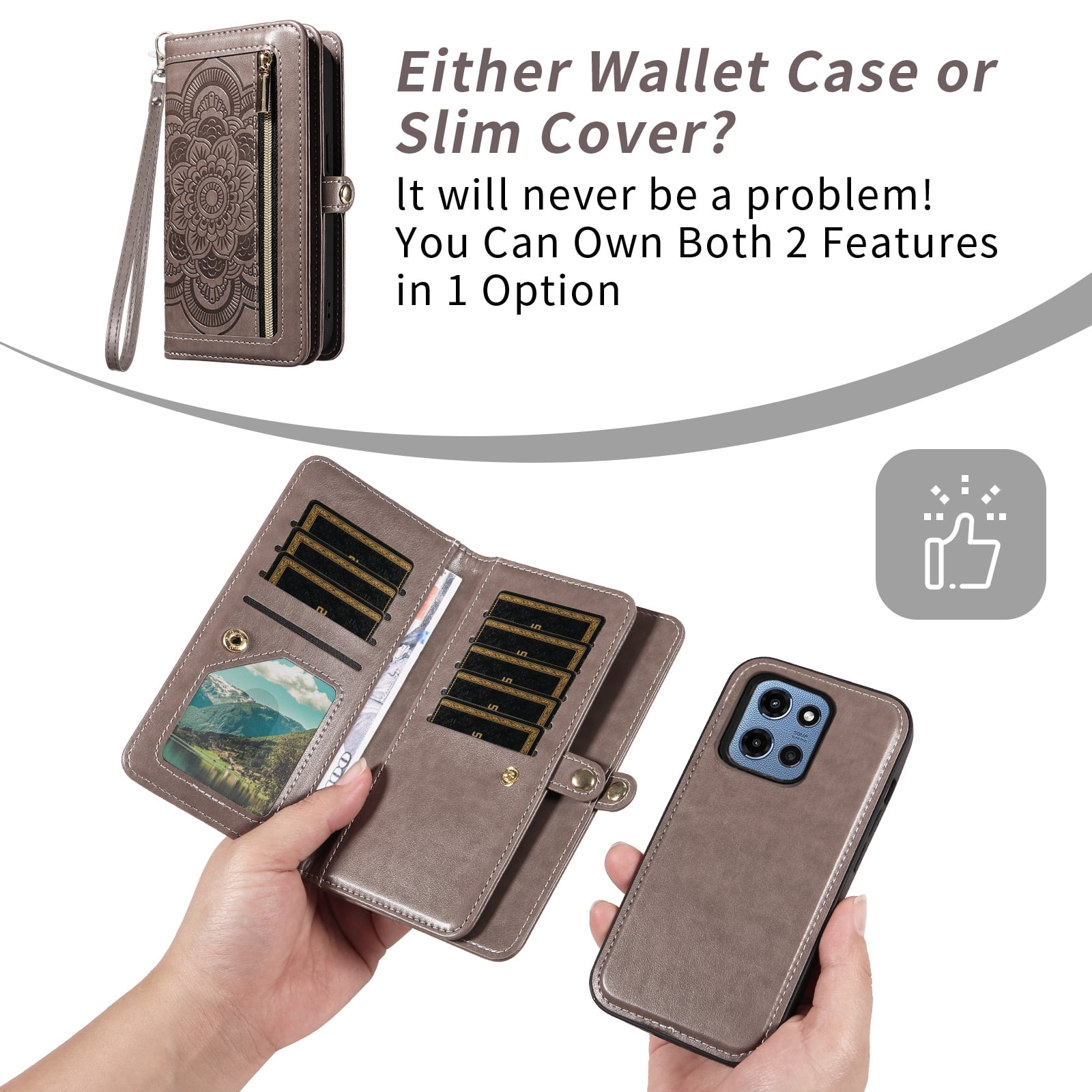 Asuwish Phone Case for Motorola Moto G 5G 2025 Zipper Wallet Detachable Cell Cover with Tempered Glass Screen Protector Crossbody Lanyard Strap Flower Flip Card Holder G5G 5 G G5 Women Men Girls Gray