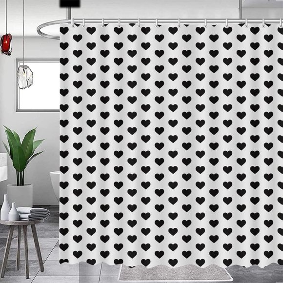 Valentines Shower Curtain Black Hearts Shower Curtain for Happy Valentine''s Day Black and White Contracted Bathroom Decor Sweetheart Bathroom Curtains Washable Durable Fabric 72x72 in