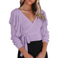thumbnail image 1 of Yuyuzo Womens Cropped Sweaters Wrap V Neck Jumper Tops Tie Waisted Ruffle Shoulder Knitwear Dressy Blouse, 1 of 5