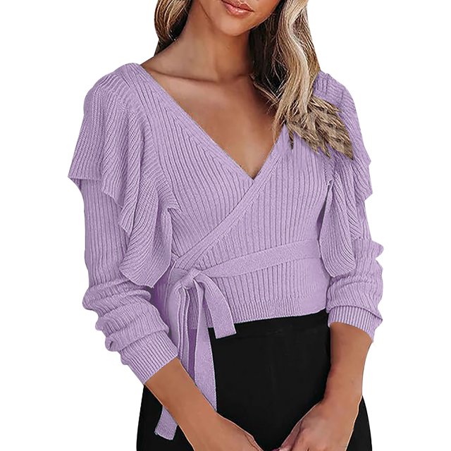 Yuyuzo Womens Cropped Sweaters Wrap V Neck Jumper Tops Tie Waisted Ruffle Shoulder Knitwear Dressy Blouse