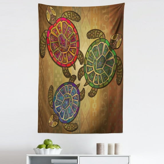 Ethnic Tapestry, 3 Ocean Turtles Ethic Style Animals Geometric Vibrant Ocean Theme Art Print, Fabric Wall Hanging Decor for Bedroom Living Room Dorm, 5 Sizes, Multicolor, by Ambesonne