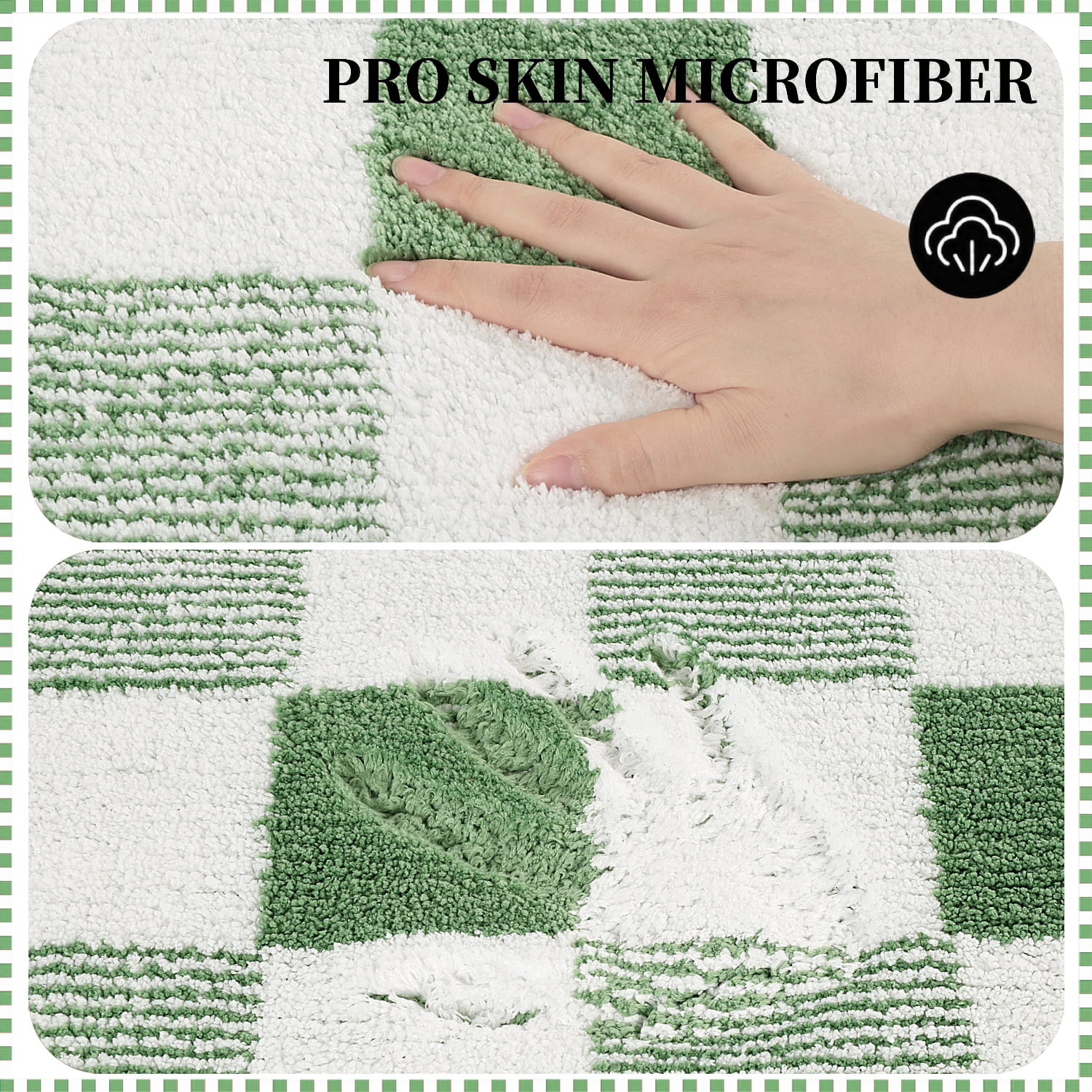 Bathroom Rugs, Yamaziot Checkered Green Bath Rugs Runner with Toilet Mat, Non Slip Water Absorbent Microfiber, 4 Count