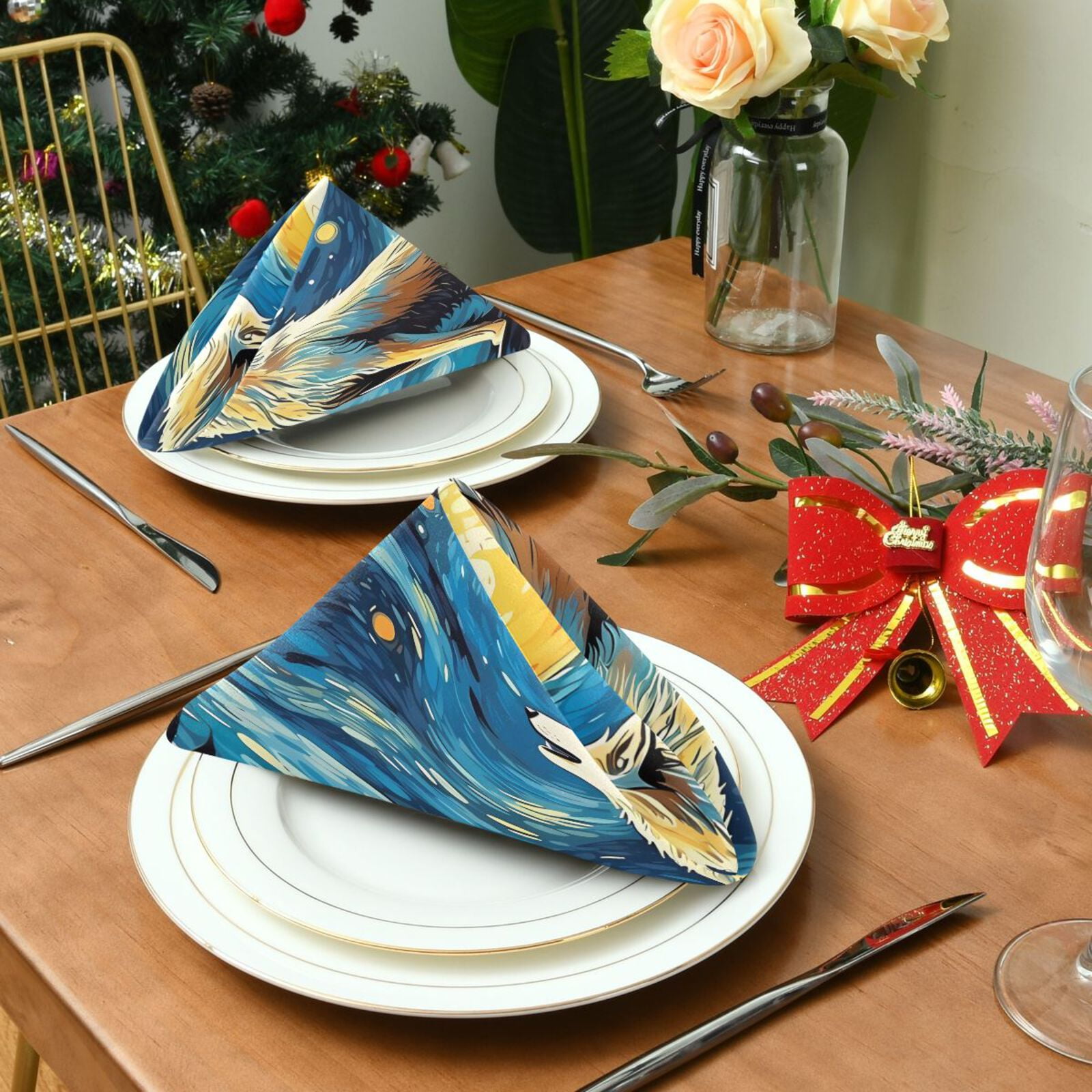 JSTEL Wolf Starry Sky Cloth Napkins Set of 6, 20x20 Inch Washable and Reusable Napkin for Decoupage Dinner Party Everyday Use
