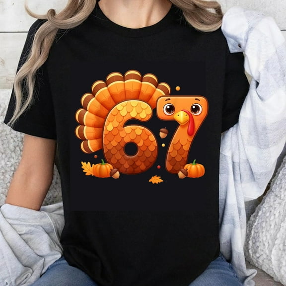 100% Cotton Thanksgiving Turkey 67 Number Design Funny Holiday Shirt for Women Men Unisex Autumn Fall Celebration T-Shirt