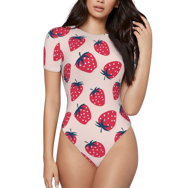 Fotbe Strawberry Body de Mujer con Cuello Redondo y Mangas Cortas, Sin Mangas Ajustado, Suave, Cómodo y Básico-Large