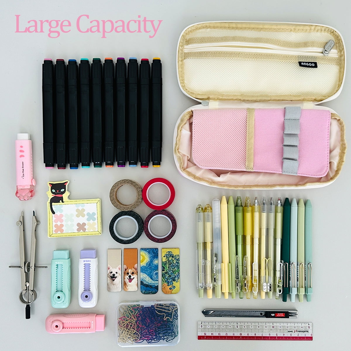 allydrew Large Capacity Pencil Case, Expandable Pencil Pouch with 3 Washi Rolls, Pink
