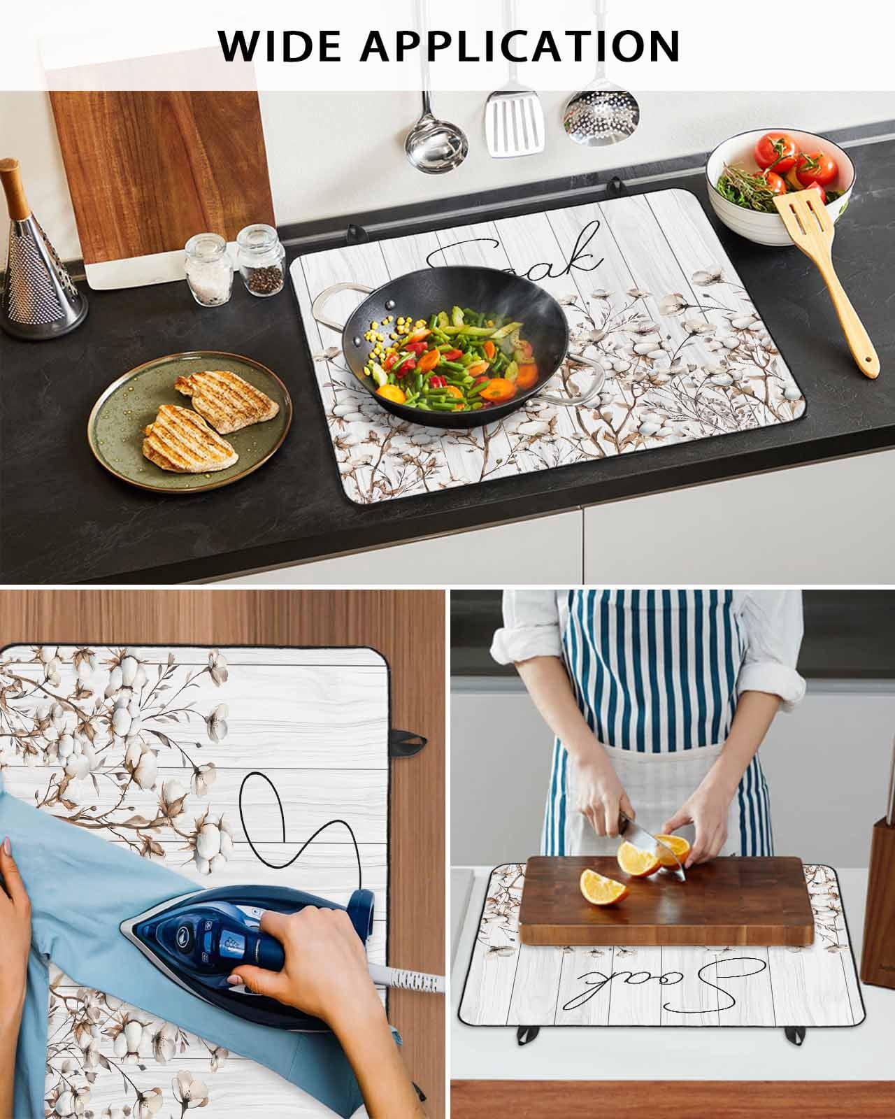 nqOlkjepod Large Induction Cooktop Protector Mat 36"x21", White Spring Floral Stove Top Covers for Electric Stove, Vintage Watercolor Flowers Wooden Stove Burner Cover Mats, Glass Top Stove Cover
