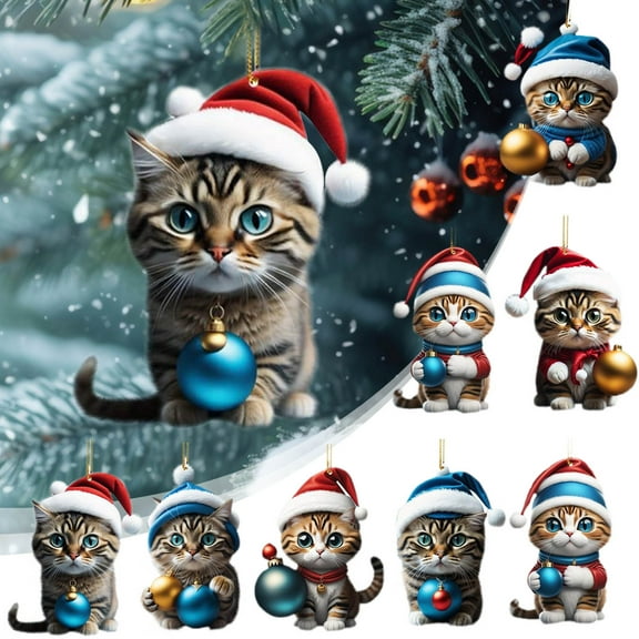 Harliver 8PCS Christmas Tree Decorations Ornaments, Cute Cat Mini Cartoon Holding Cat Acrylic Xmas Hanging Ornament, Cat Decor for Cat Lovers Home Decor Gifts, 3.1in Red