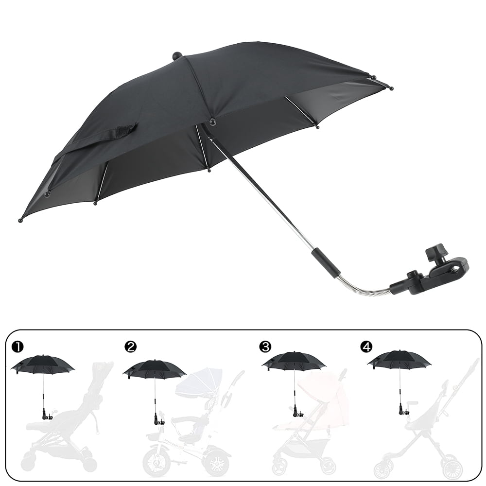 Adjustable and Flexible arm,360 Degree UV Protection PXRJE Baby Stroller Umbrella,Baby Stroller Parasol Black with Umbrella Clip Fixing Device,Detachable Baby Stroller Umbrella Sun Shade 