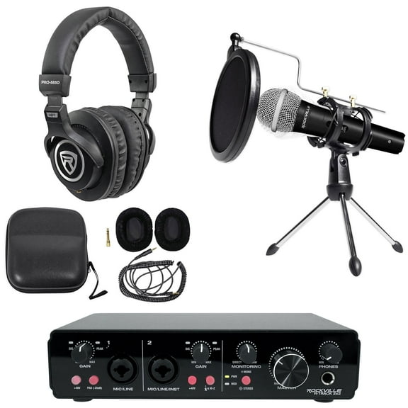 Rockville R-TRACK 2x2 USB Recording Interface Mic Stand Pop Filter Headphones