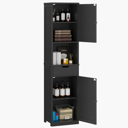 Walsunny Tall Kitchen Storage Pantry Cabinet  64H Freestanding Bathroom Storage Cabinet  Narrow Cabinet with Adjustable Shelves  Open compartments for Small Spaces  Bathroom  Living Room Black
