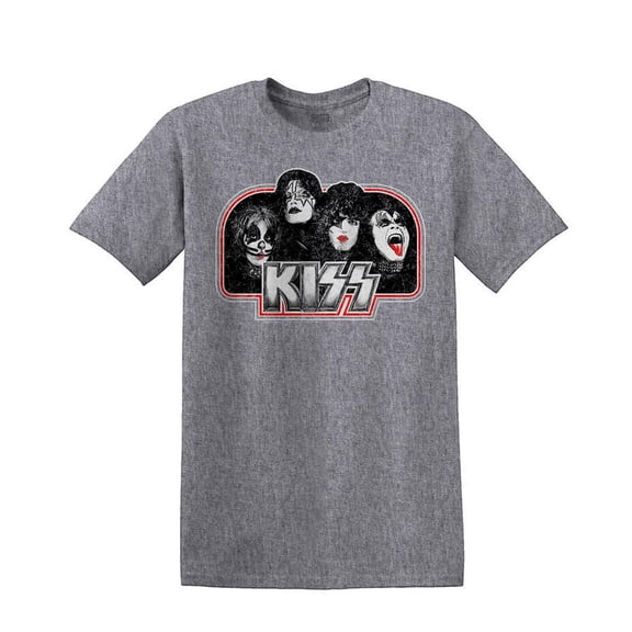 KISS Hard Rock Heavy Metal Band Men's T-Shirt Member Face Distressed Print Tee (Medium, Heather Grey)