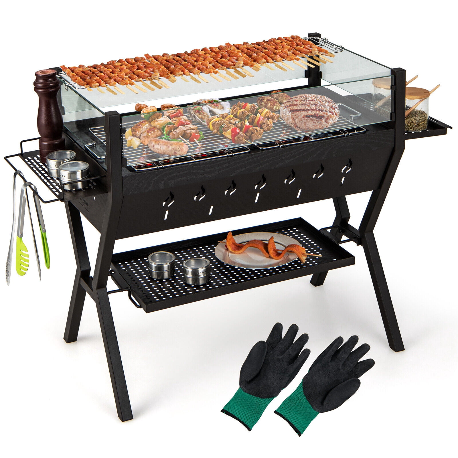 Amijoy Stainless Steel Barbecue Charcoal Grill With Unique Glass Windshield, Seasoning And Storage Rack, Heating And Cooking Grill, Outdoor Barbecue Grill
