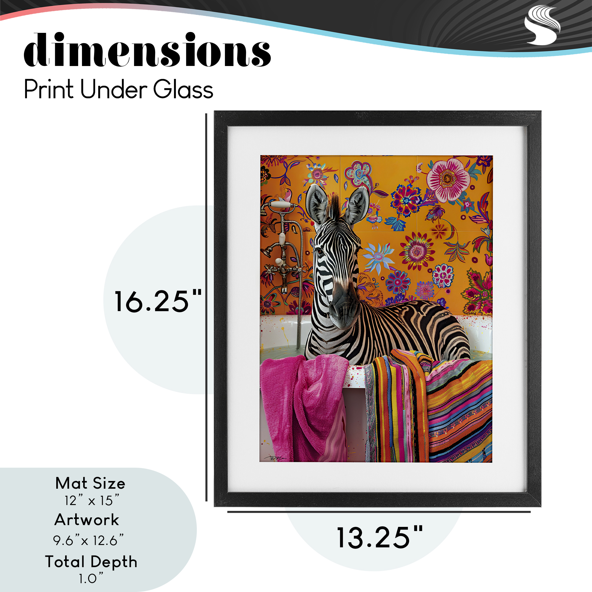 Zebra Bath with Colorful Towel Black Framed Print Under Glass, design by Momart