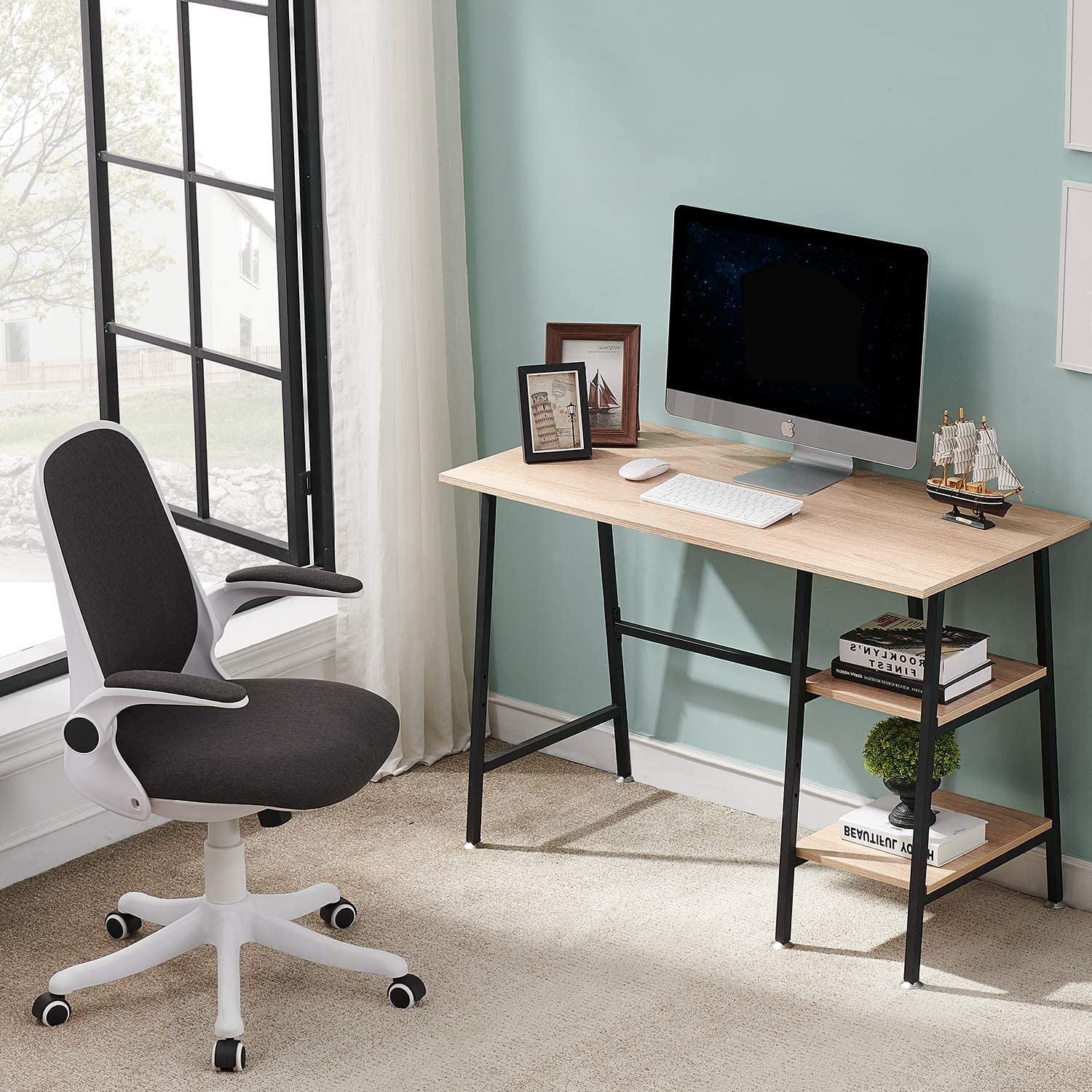 YCH 43 Inch Writing Computer Desk Home Office Study Tables with 2 Tier Storage Shelves eiton