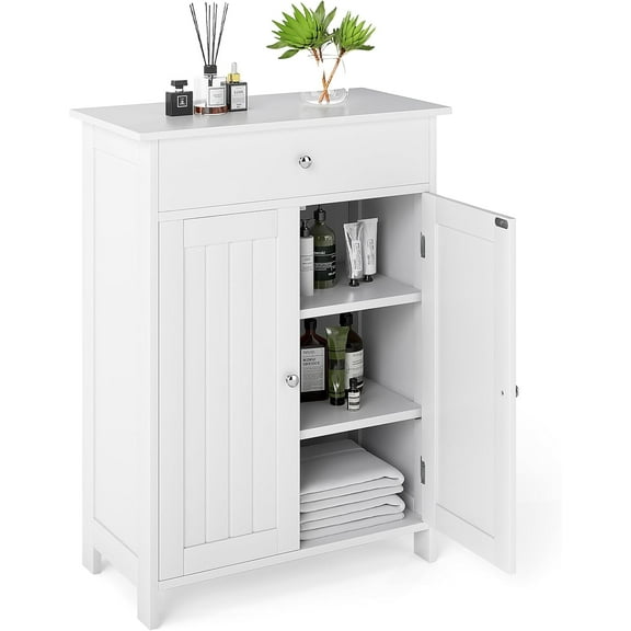 SSyao Bathroom Storage Cabinet, Freestanding Bathroom Storage Organizer with 2 Doors, 1 Drawer, 3-Level Adjustable Shelf, Modern Wooden Floor Cabinet for Laundry Room, Entryway, Living Room (White)