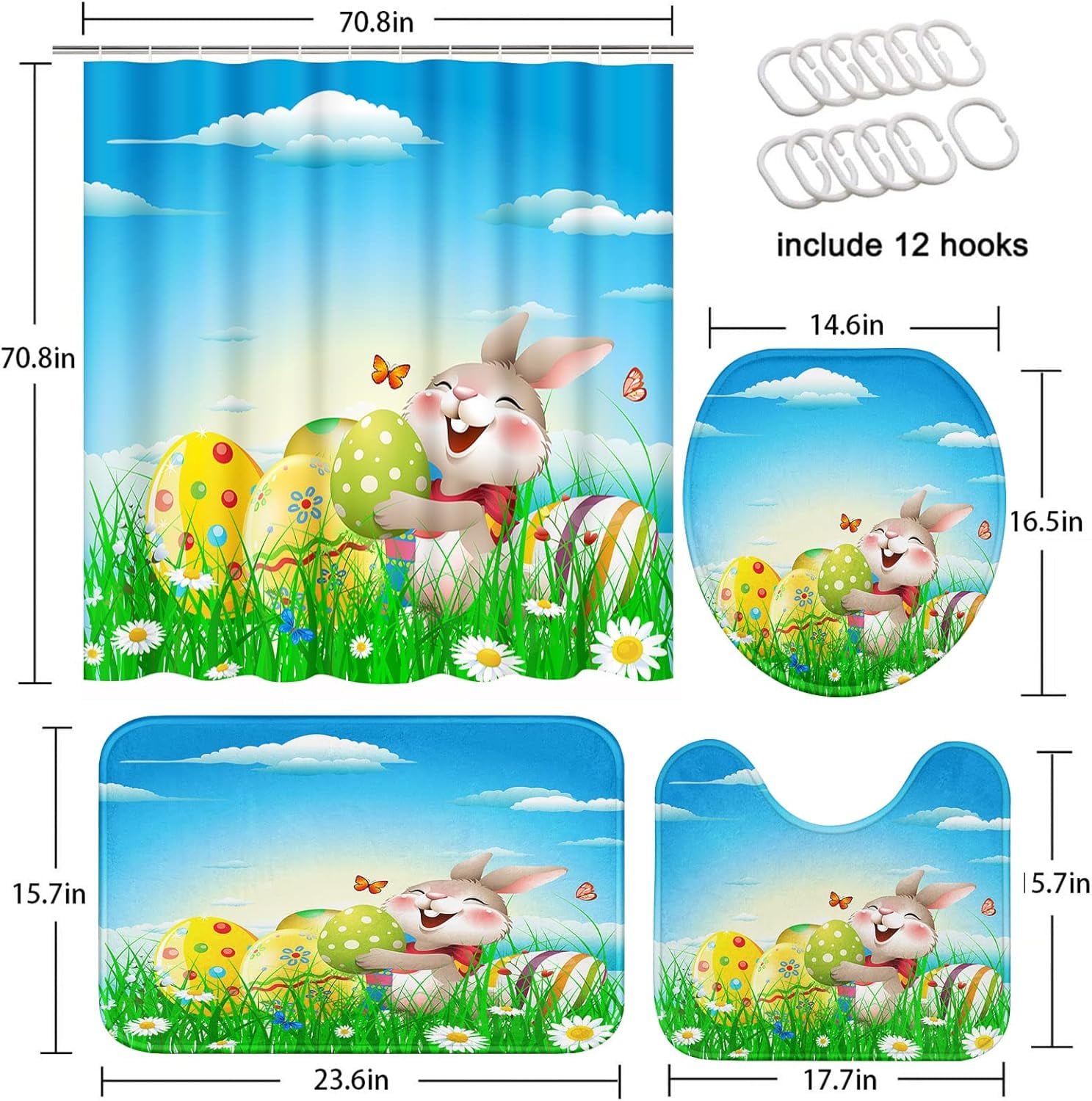 4 Pcs Shower Curtain Set Happy Easter Rabbit Bunny Pet Chocolate Cute with Non-Slip Rugs Toilet Lid Cover and Bath Mat Bathroom Decor Set 72 x 72 inch