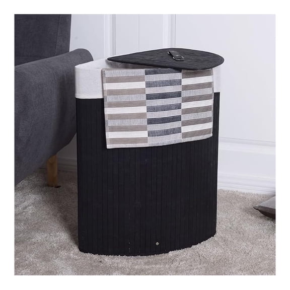 Bamboo Hamper Laundry Basket Folding Double Rectangle Washing Cloth Storage Bag Lid (black, triangle)