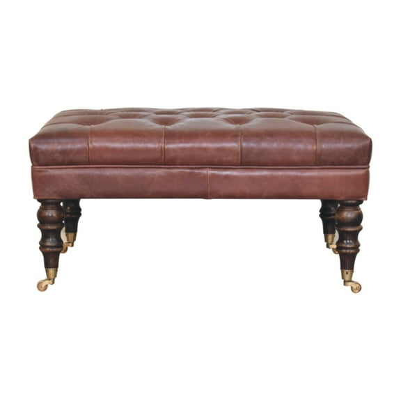 Lesuto Buffalo Brown Leather Ottoman with Castor Legs - Vintage Style, Wood