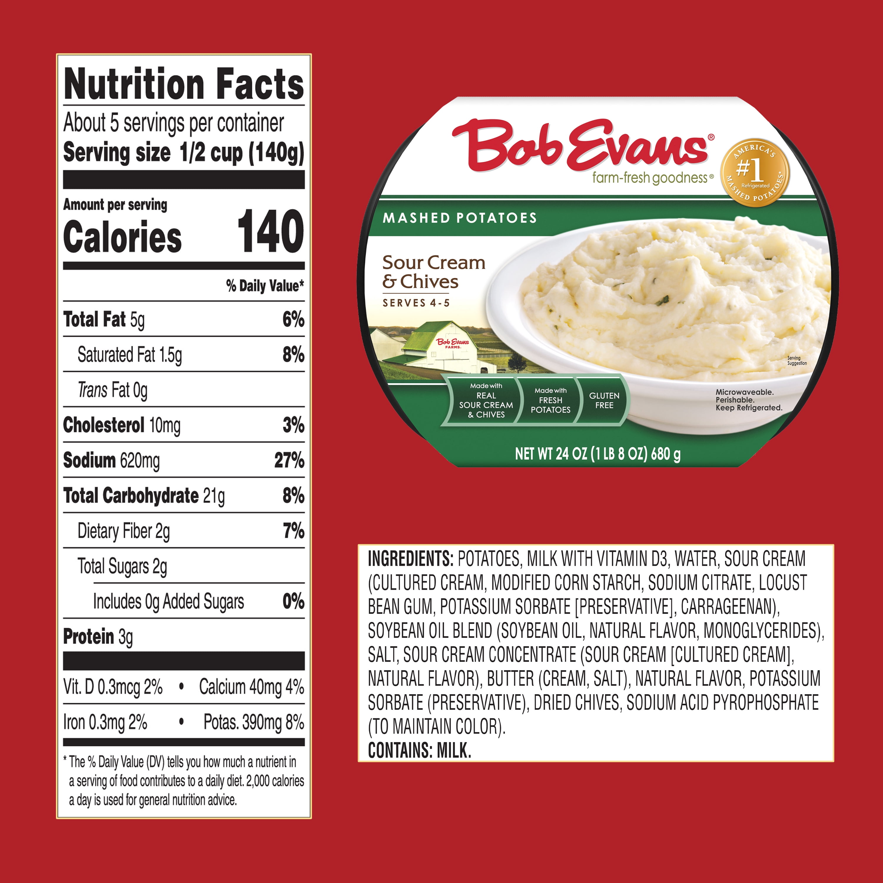 Bob Evans Gluten-Free Sour Cream & Chives Mashed Potatoes, 24 oz Tray