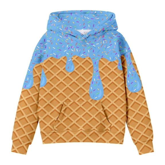Children Ice Cream Print Hooded Sweatshirt Long Sleeve Fleece Pullover Round Neck Pocket Casual Top for Boys Girls Kids Hooded Sweatshirt
